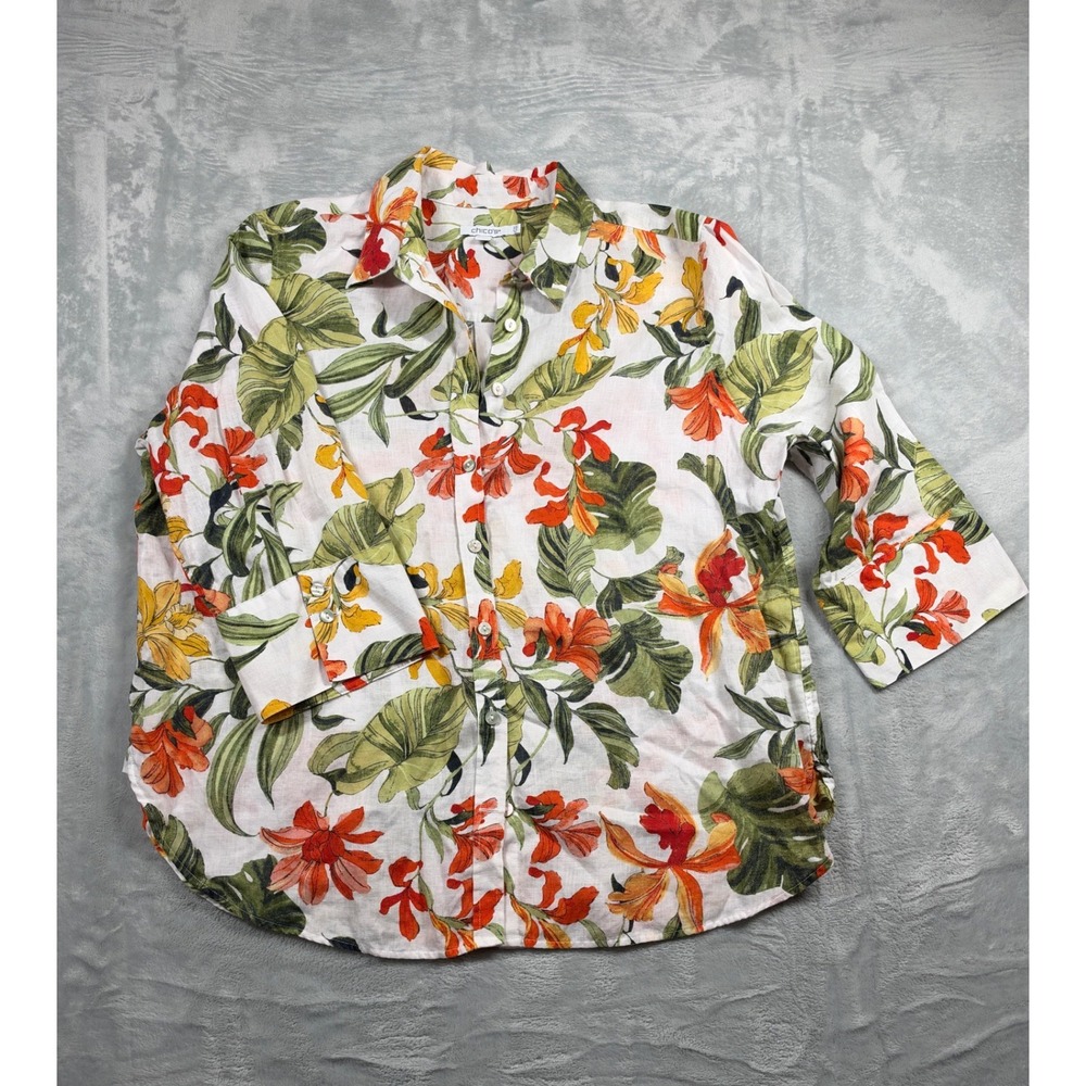 Chico's No Iron Linen Orchid Shirt Women 2.5 14 L Tropical Floral Button Down